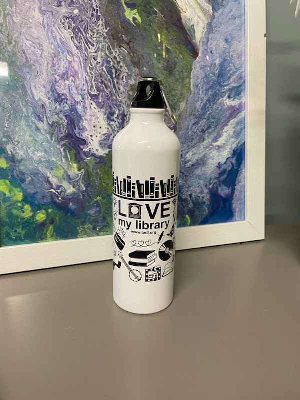 White water bottle with black library print