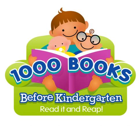 logo for the 1000 Books Before Kindergarten program; children reading a book. The words Read it and Reap also appear. 