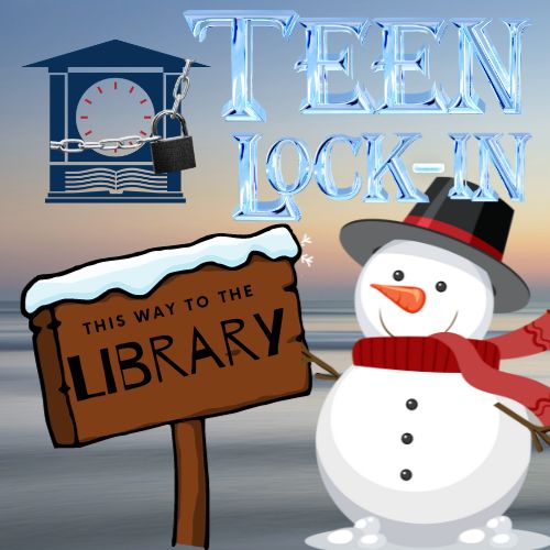 TADL logo with lock, Snow man, Sign "This way to the library", Text "Teen Lock-in"