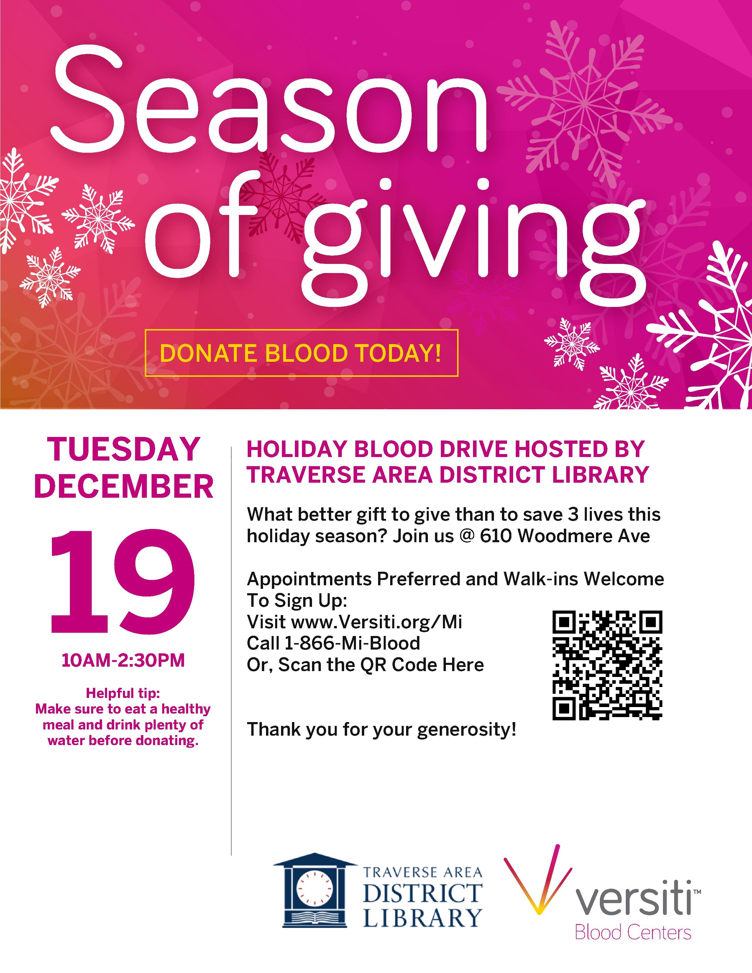 Flyer for December 19 Blood Drive at the Traverse Area District Library