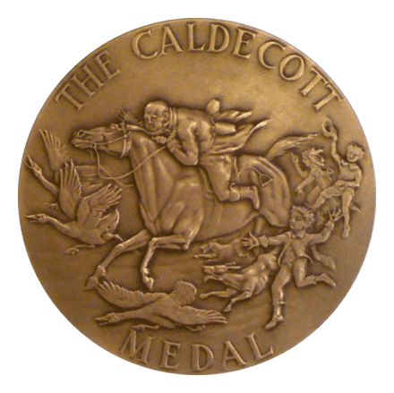 Caldecott medal; man riding horse being chased by children, dogs and geese