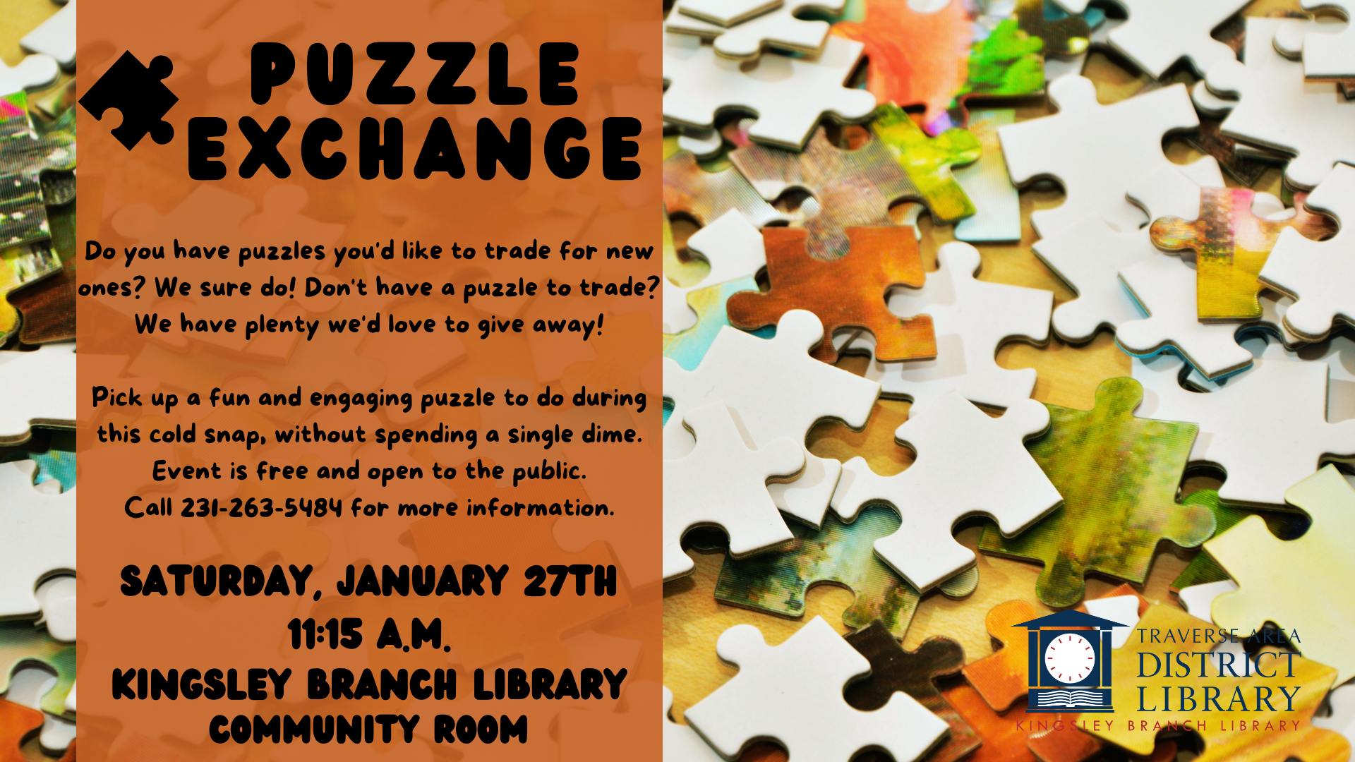 Flyer text reads puzzle exchange, January 27th at 11:15am in the Kingsley Community Room at Kingsley Branch Library.