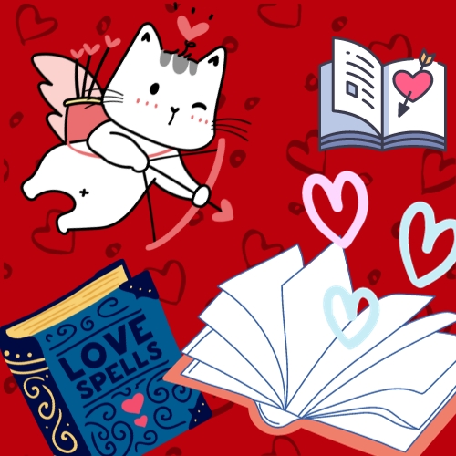 Cat cupid aiming bow and arrow at a book with hearts flying out of it.