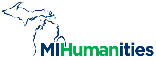 Logo for Michigan Humanities - outline of the state of Michigan in blue with the letters MIHumanities in blue and green at the bottom