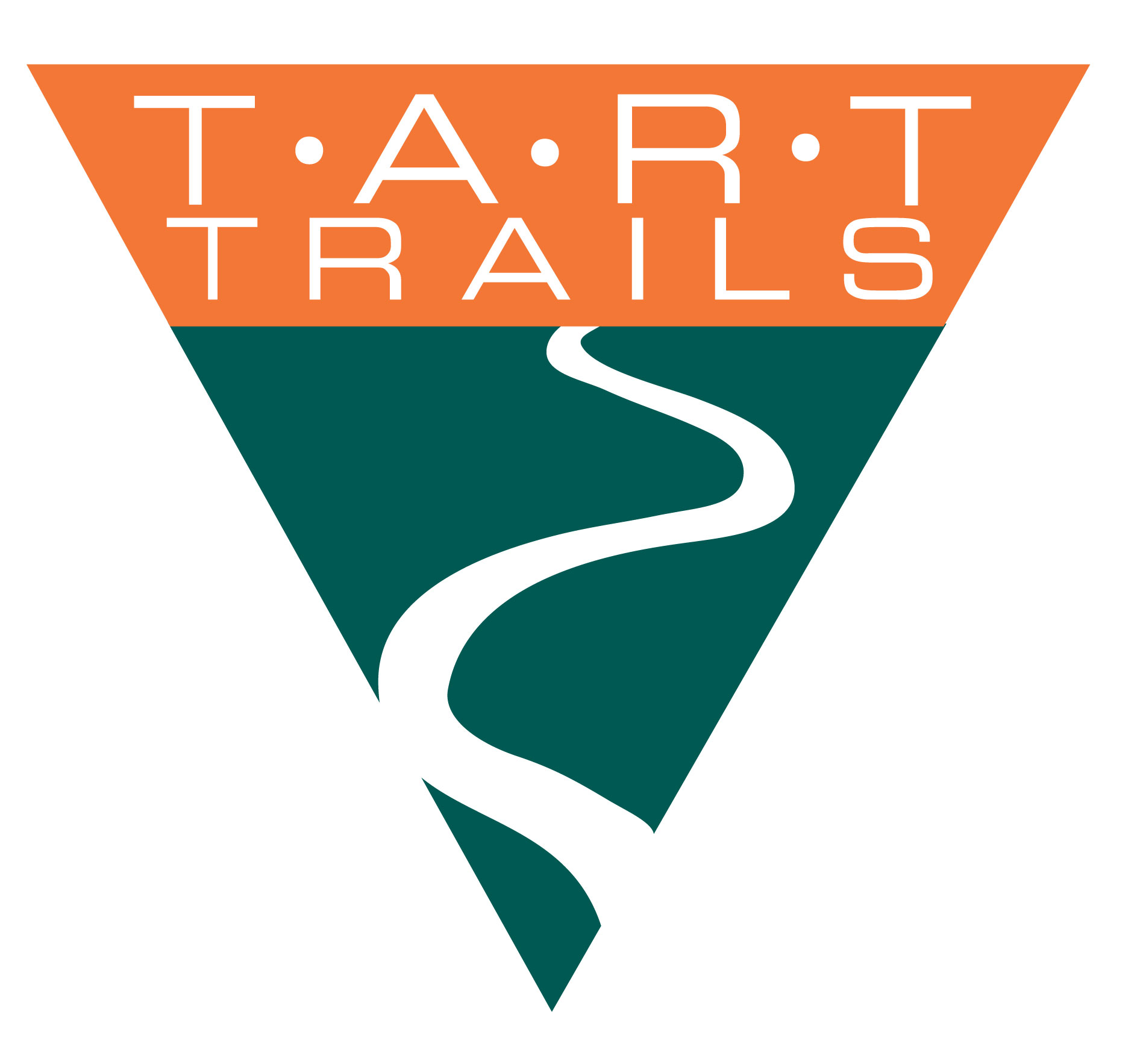 logo for TART Trails organization, consists of a triangle with the orange top half as a backdrop for the name of the org in white and a winding trail depicted in the green bottom half of the triangle