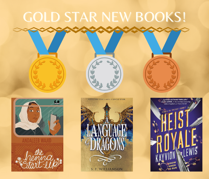 A image titled: Gold star mew books! It has 3 medals, with the books The Henna Start-Up, A Language of Dragons, and Heist Royale underneath them.