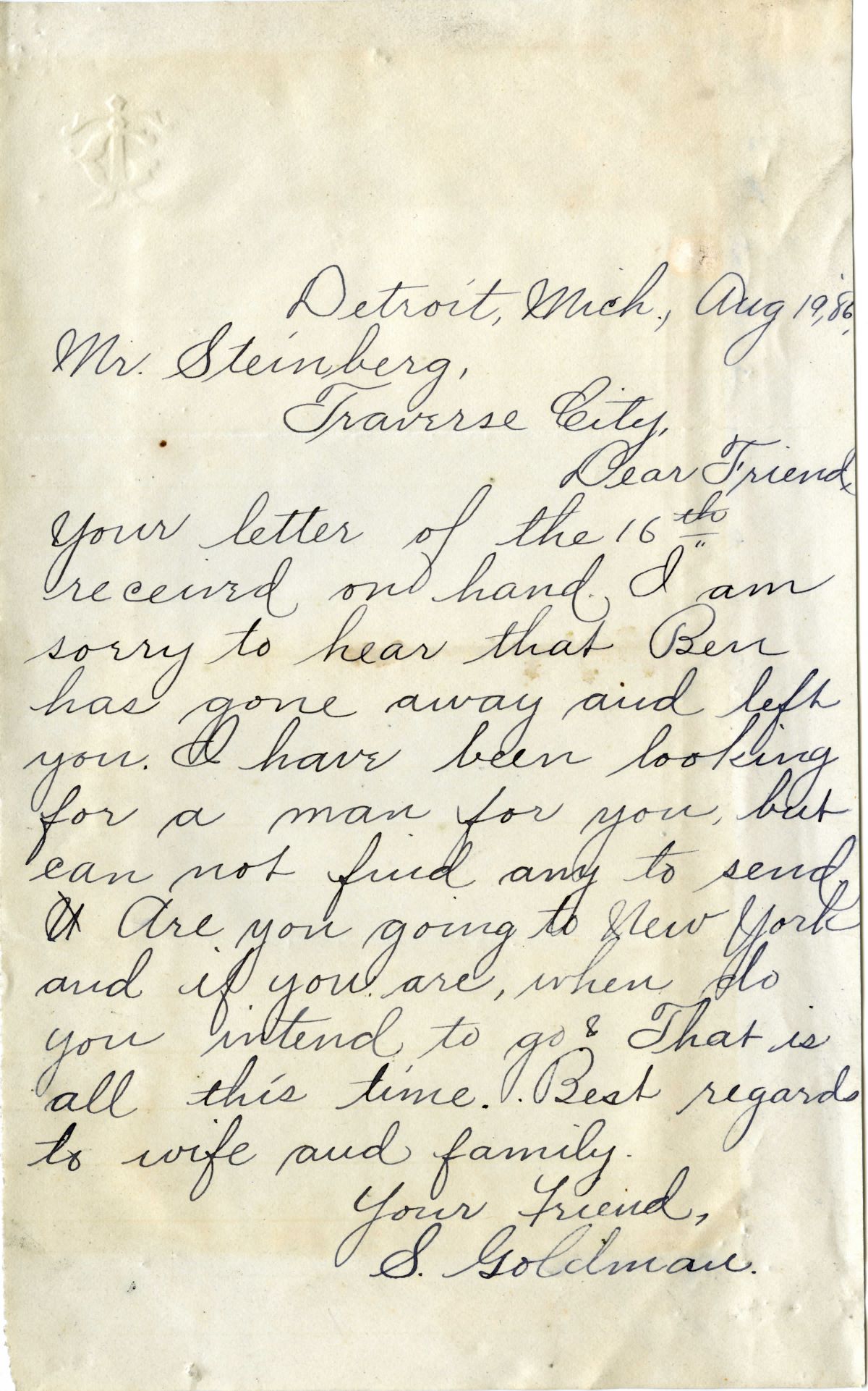 Handwritten correspondence to J Steinberg from S. Goldman