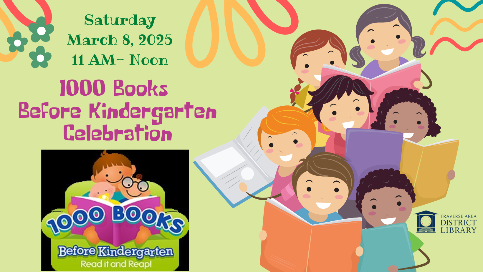 Celebration party March 8 with a group of children with books