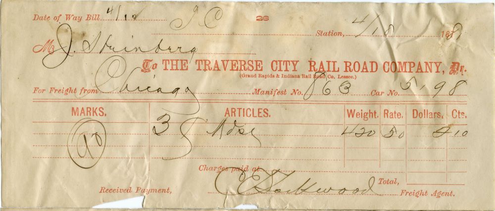 Traverse City Railroad company shipping receipt