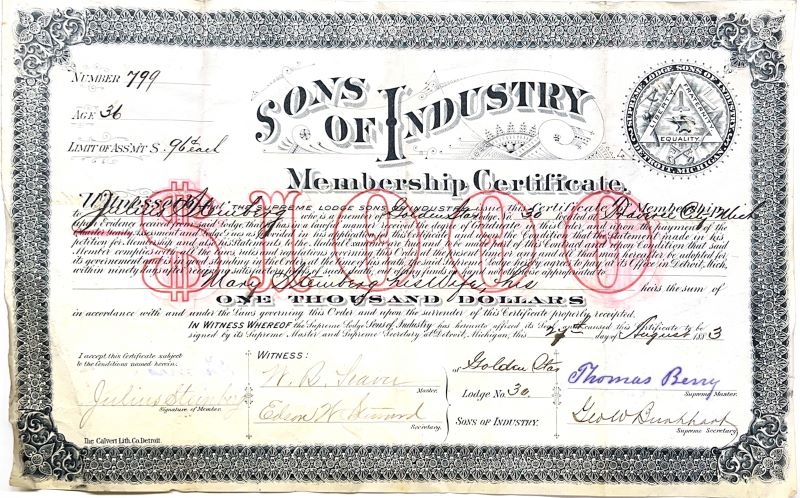 Sons of Industry membership certificate