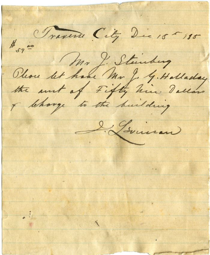 J. Levinson notes to Steinberg, give money to J.G. Holliday, December 15, 1885
