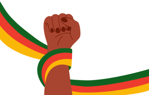 Representation of a fist wrapped in the Black History Month flag.
