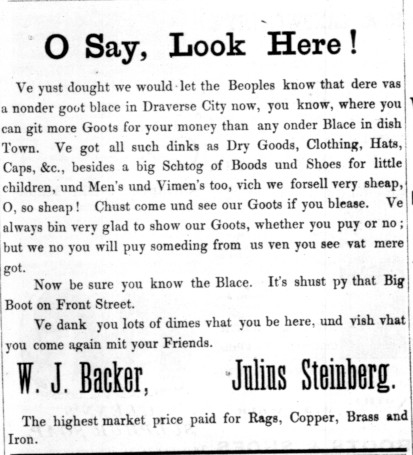 O Say Look Here! Advertisement for W.J. Backer and Julius Steinebrg