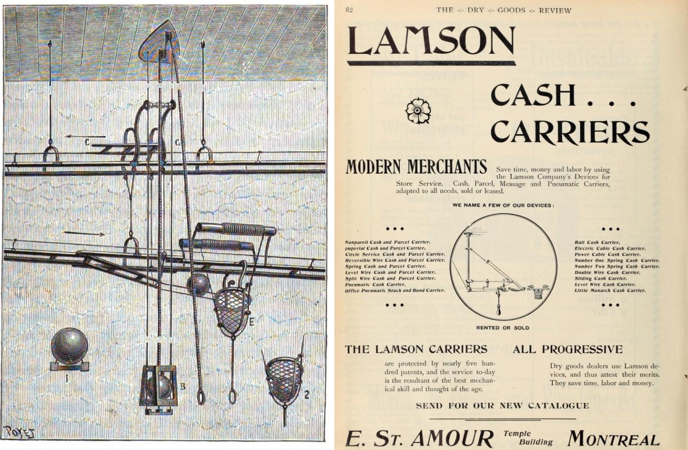 two illustrations of the lamson cash ball carrier system