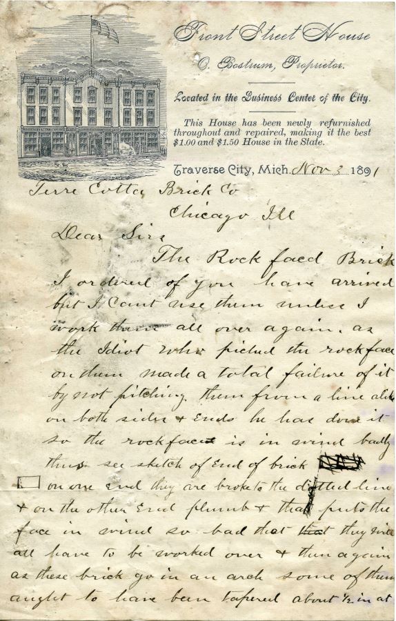 Correspondence to terra cotta brick written on Front Street house letterhead