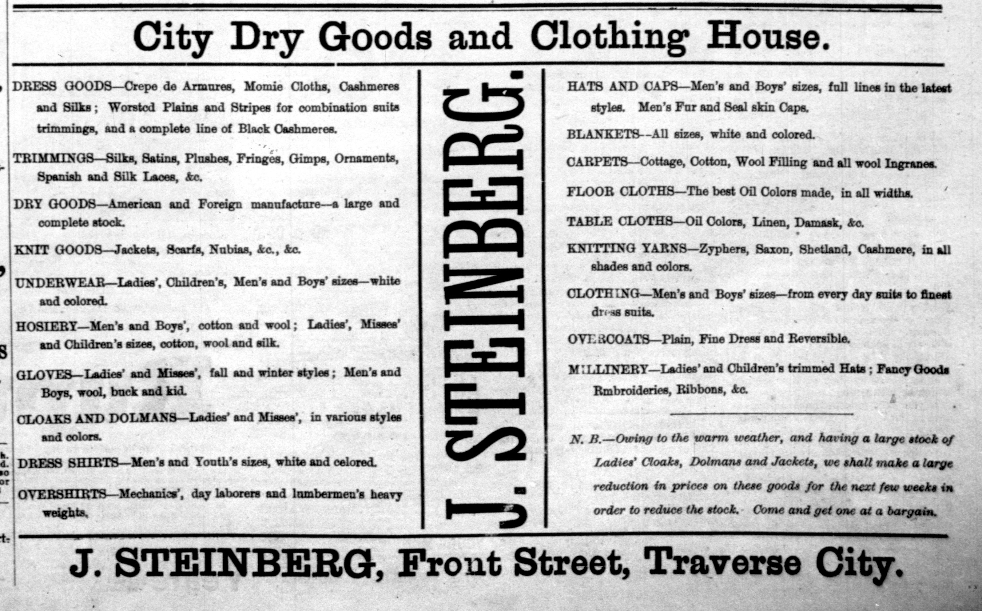 Steinberg advertisement detailing the types of items for sale in Steinberg's store