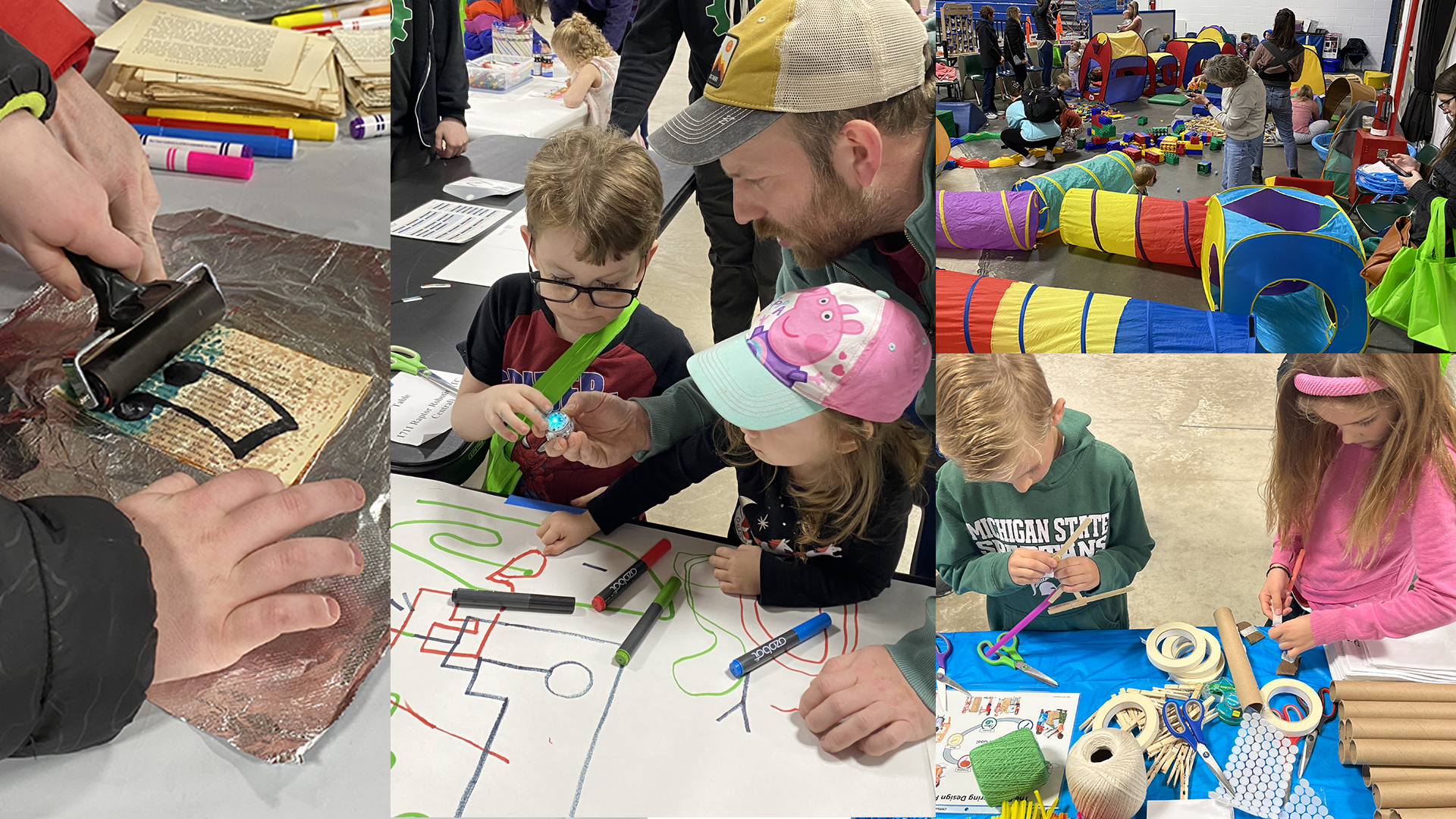 Collage of photos with families making things at tables