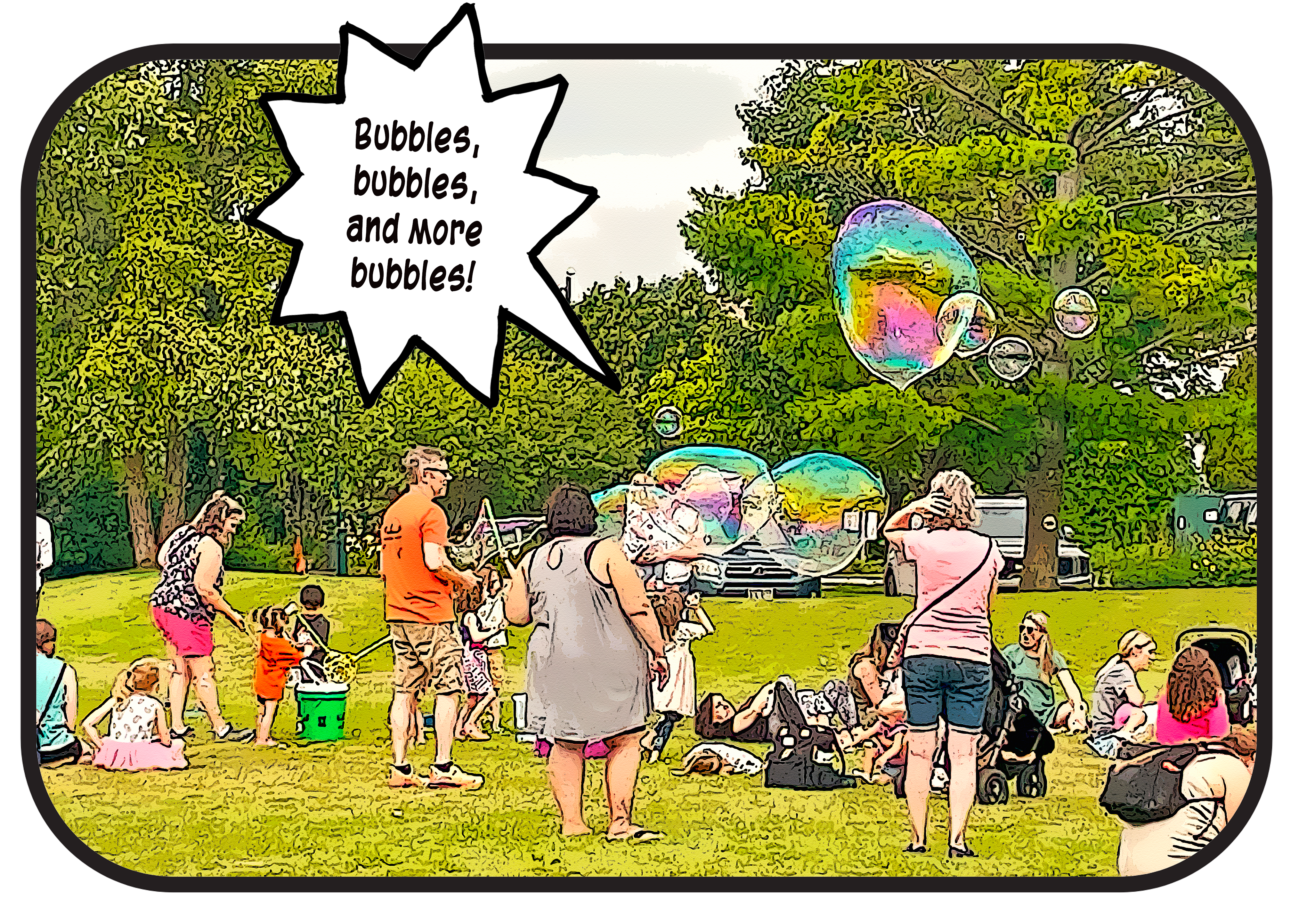 Children with bubbles outside the library