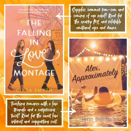 Graphic that showcases books with orange covers. The two that are featured are The Falling in Love Montage by Ciara Smyth and Alex, Approximately by Jenn Bennett.