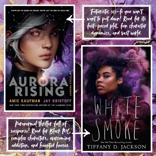 Graphic that showcases books with purple covers. The two highlighted here are Aurora Rising by Amie Kaufman and White Smoke by Tiffany D. Jackson.
