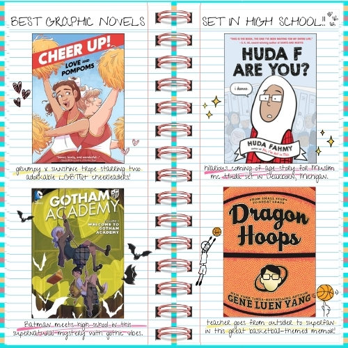 Image titled: Best Graphic Novels in High School. It looks like an open spiral-bound lined notebook, with images of 4 graphic novels on it and fun doodles around each one. The graphic novels are Cheer Up: Love and Pompoms, Huda F Are You?, Gotham Academy vol.1, and Dragon Hoops. 
