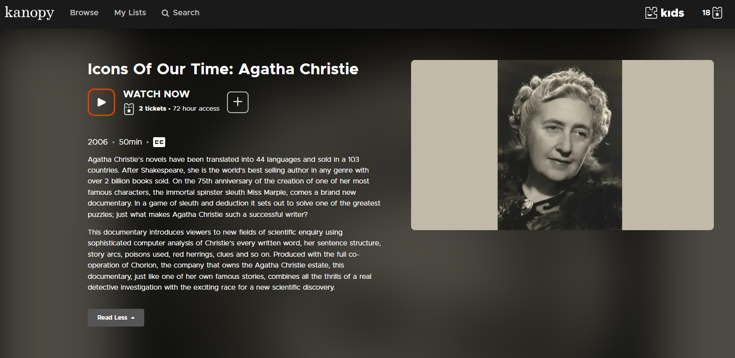 Icons: Agatha Christie movie on Kanopy
