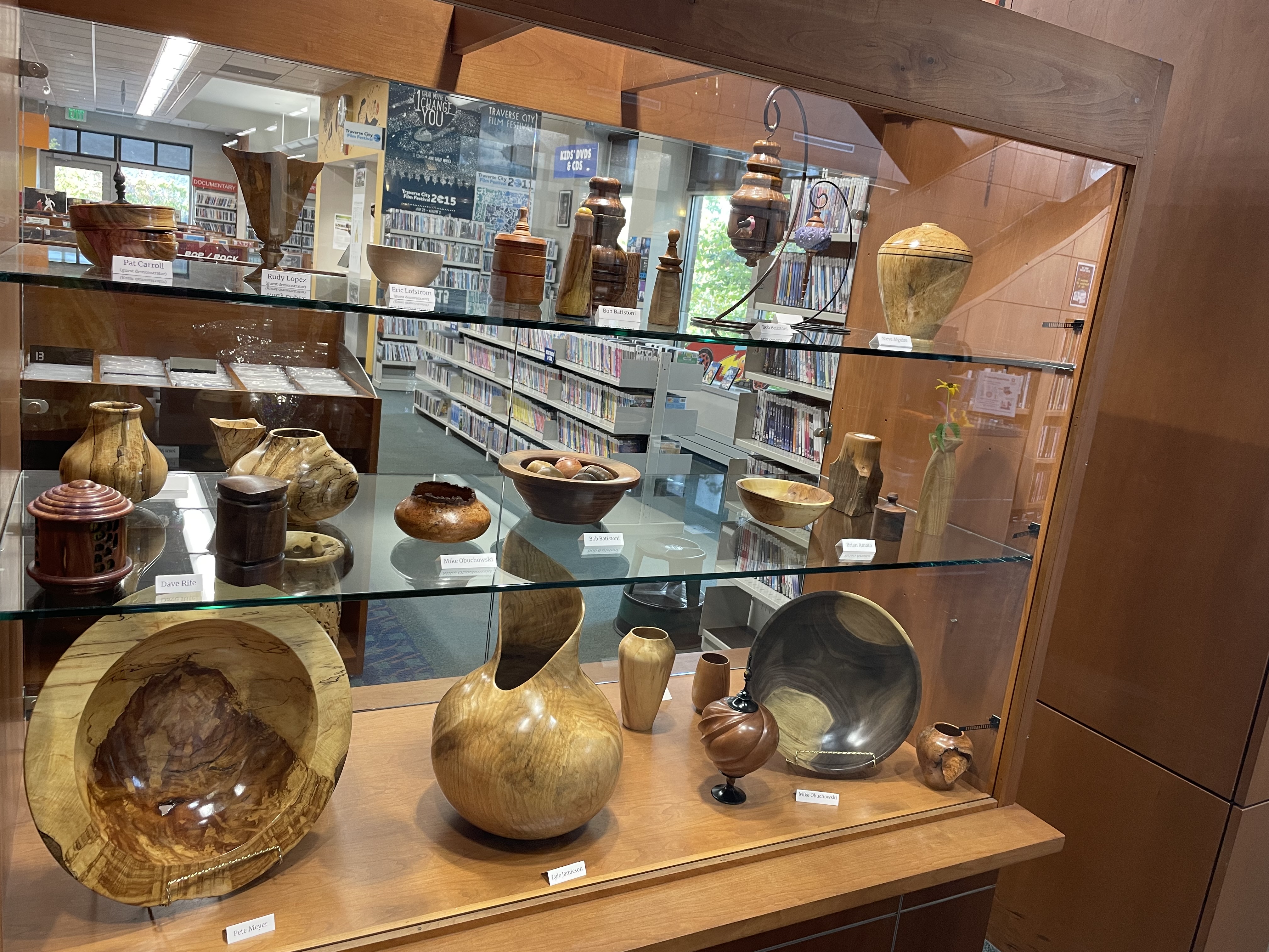 display case of turned wood items