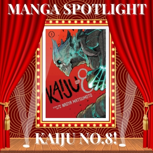 Image of the manga Kaiju No. 8 designed to look like a poster in a theater. Red curtains are drawn to either side of the image and spotlights center it in the image.