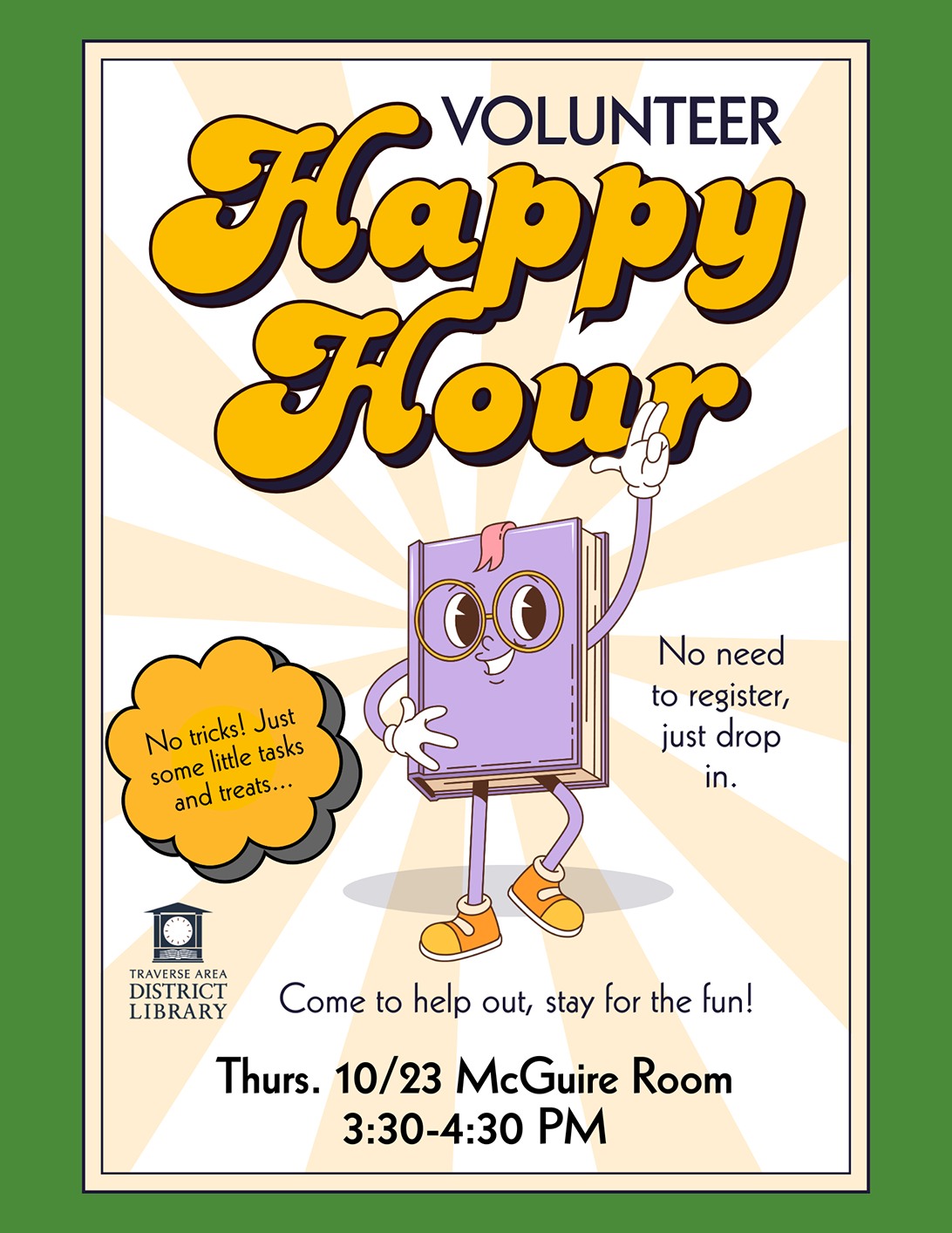 smiling book with happy hour details repeated on page