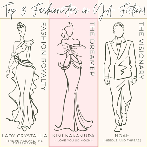 Image titled: Top 3 Fashionistas in YA Fiction! It has three sketches of fashion models in chic outfits, each with the name of a character and a subtitle. From left to right, they are Lady Crystallia (The Prince and the Dressmaker): Fashion Royalty, Kimi Nakamura (I Love You So Mochi): The Dreamer, and Noah (Needle and Thread): The Visionary.