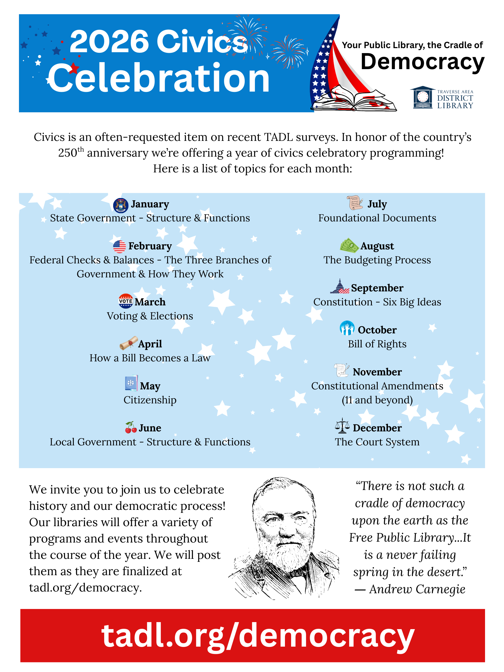 Library 2026 civics programming schedule, text repeated on page