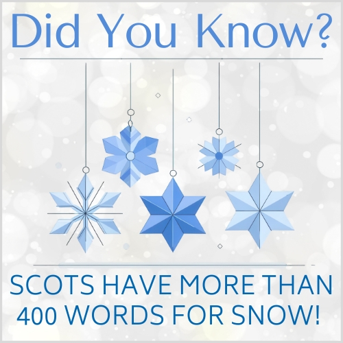 Image of stylized blue snowflakes on a white background. Blue text reads: Did you know? Scots have more than 400 words for snow!