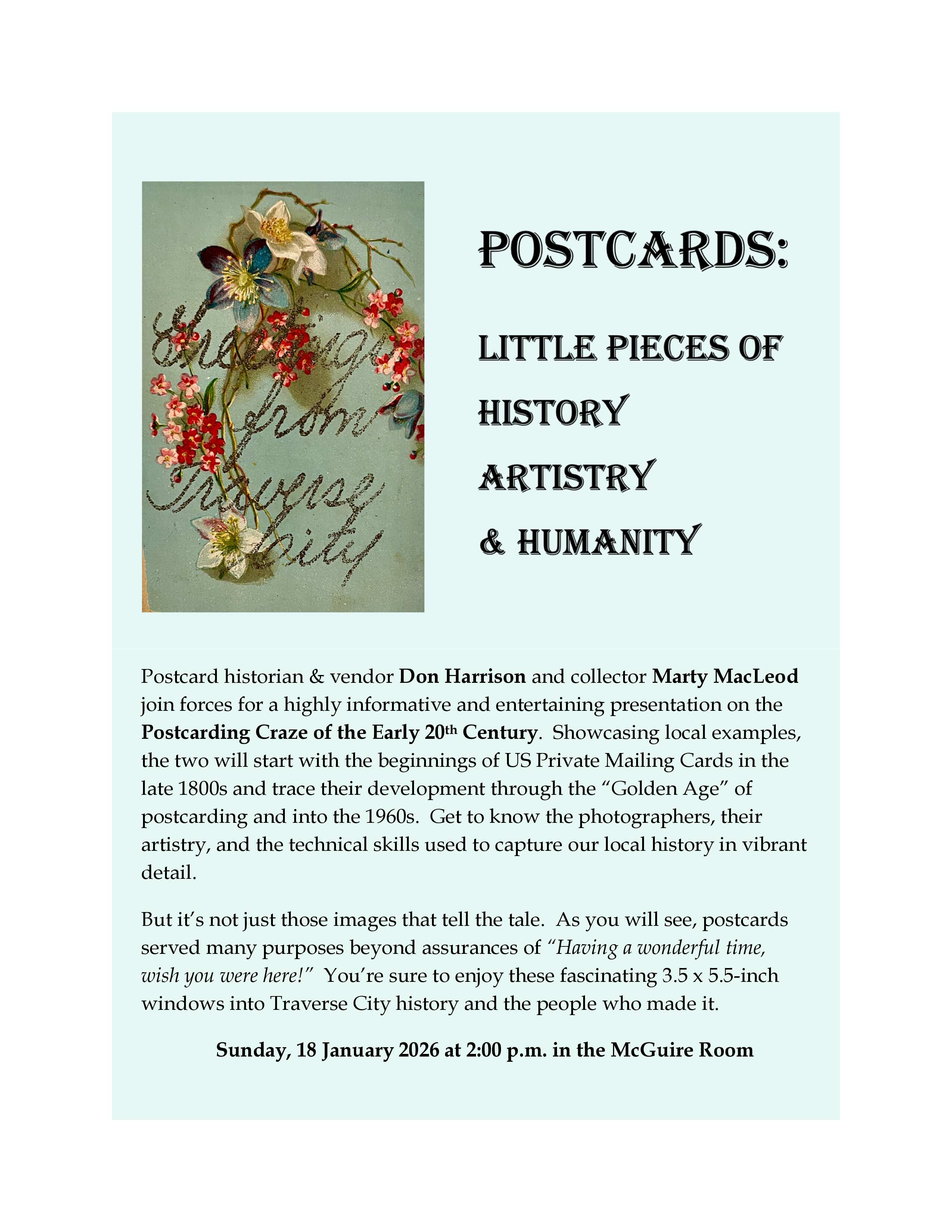 Poster describing this event on postcards, little pieces of history