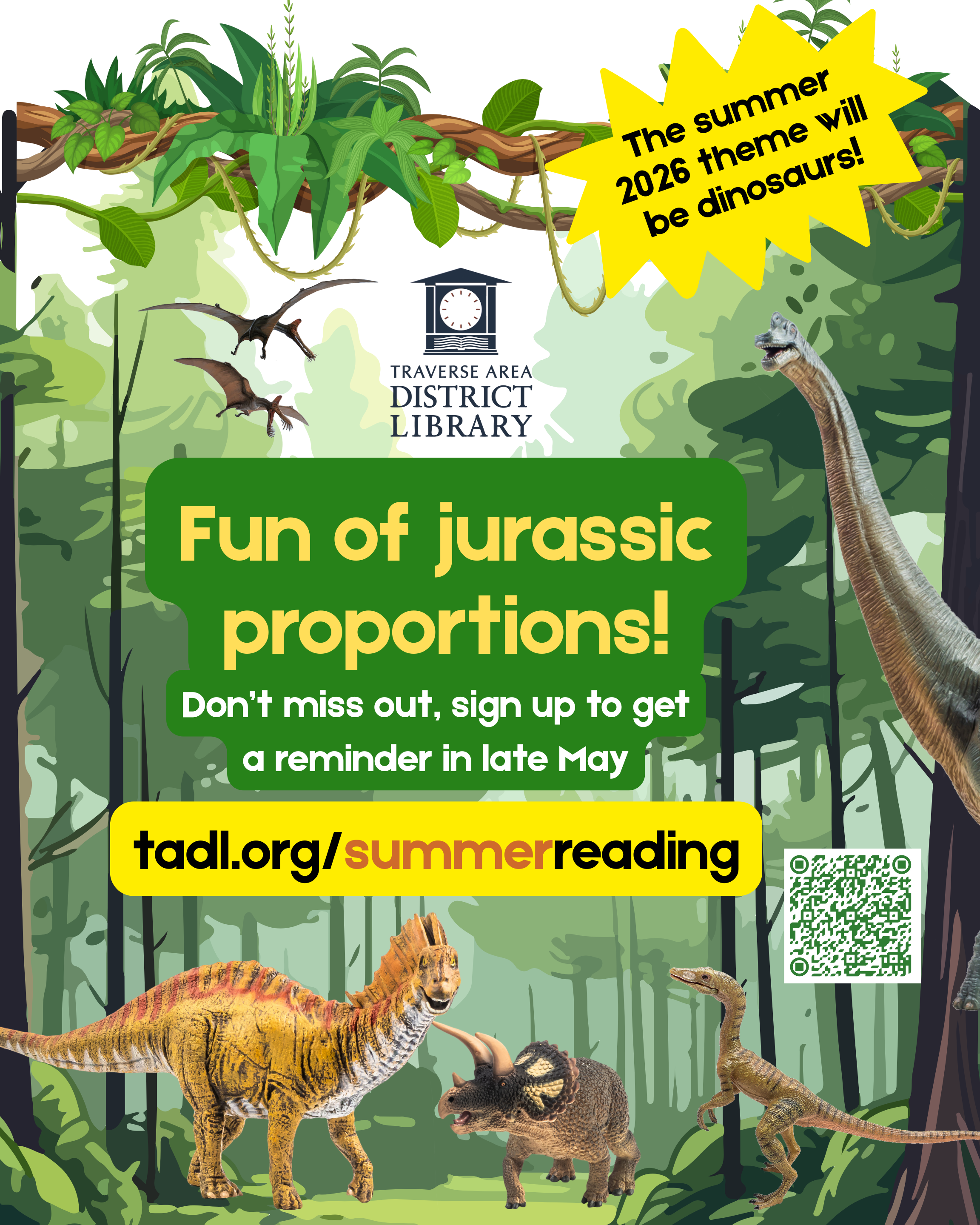 dinosaurs in a jungle with summer reading link