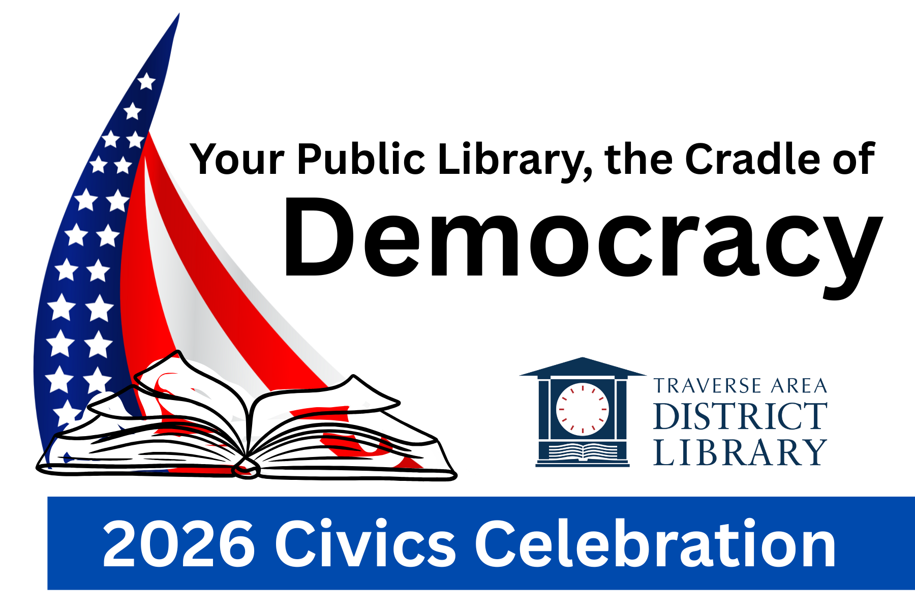 Flag with a book and the library logo