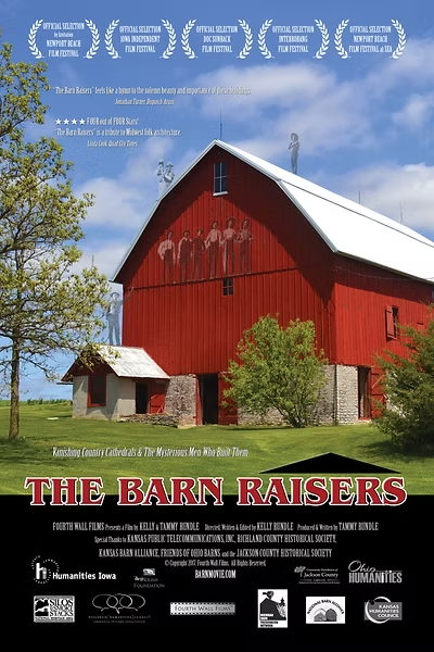 Image of a red barn with a stone foundation on a film poster
