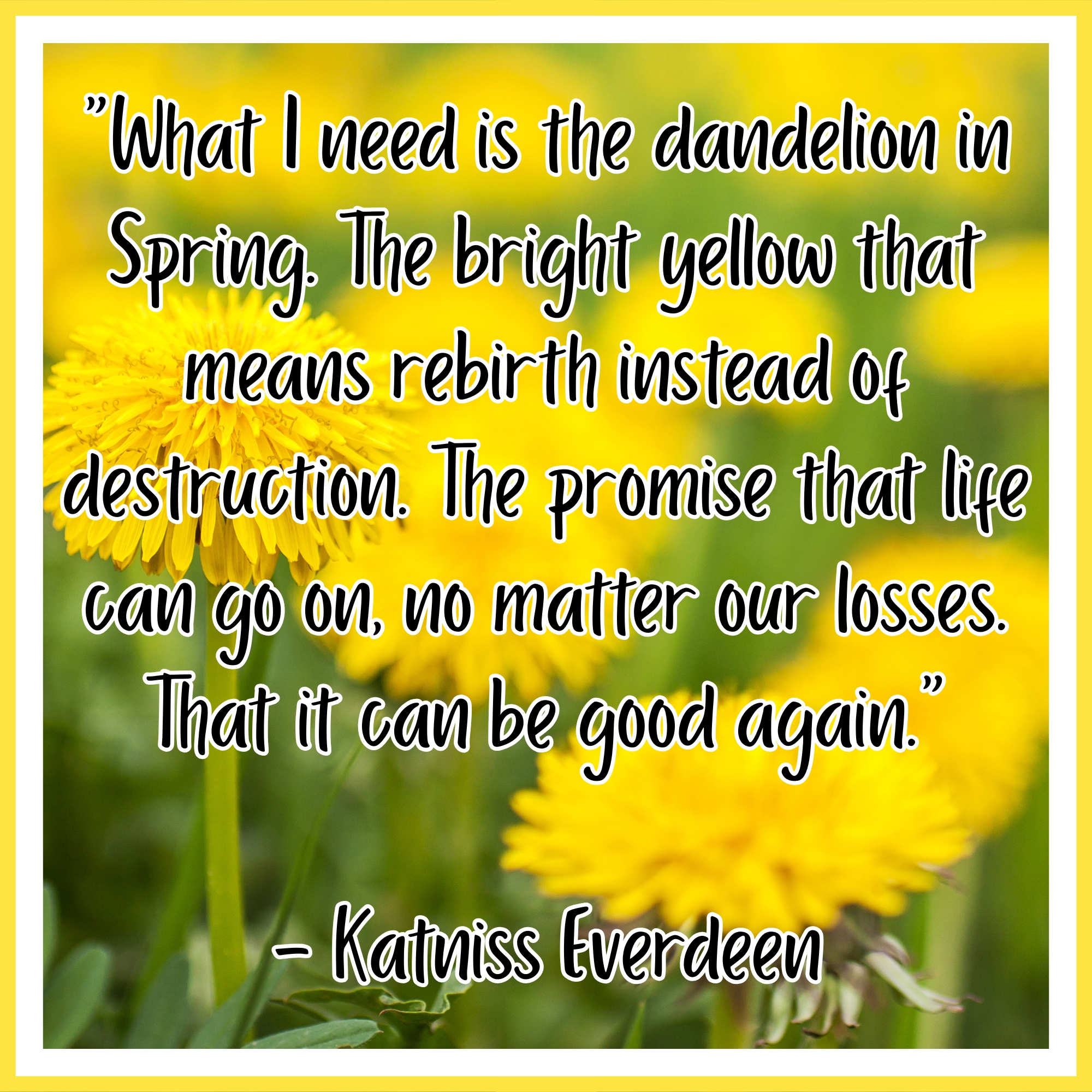 Quote on a background of yellow dandelions. The quote reads: "What I need is the dandelion in Spring. The bright yellow that means rebirth instead of destruction. The promise that life can go on, no matter our losses. That it can be good again.”  - Katniss Everdeen