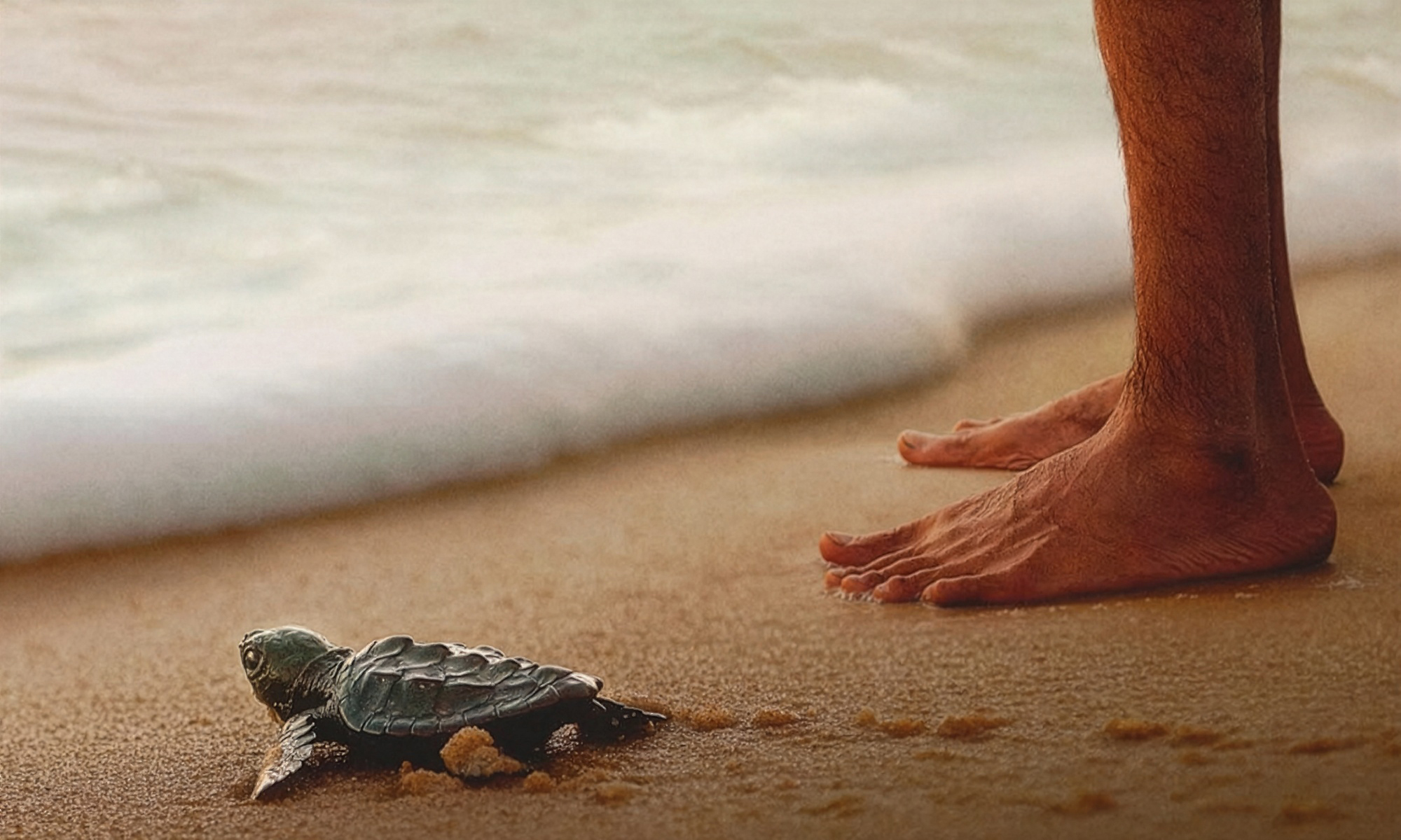 photograph of a man's feet on a beech next to a baby sea turtle scuttling towards the waves