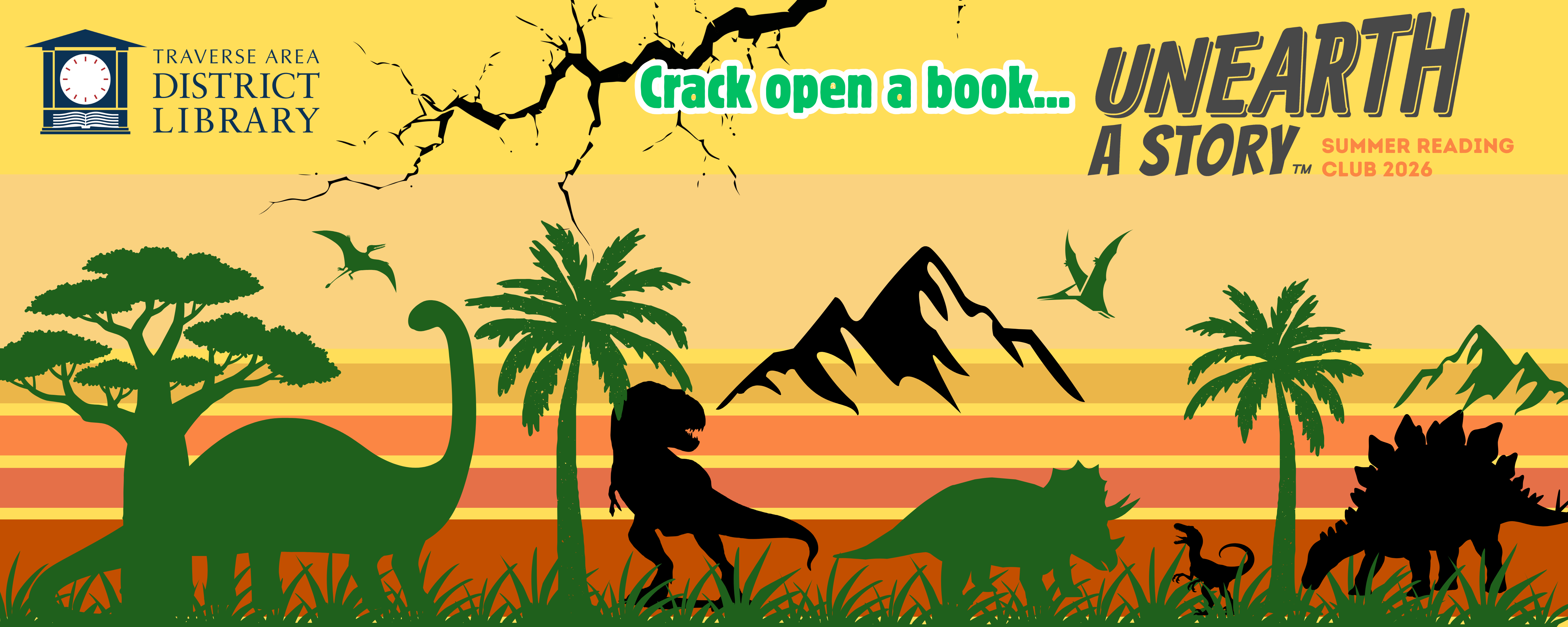 yellow and orange bands with dinosaurs mountains and tree