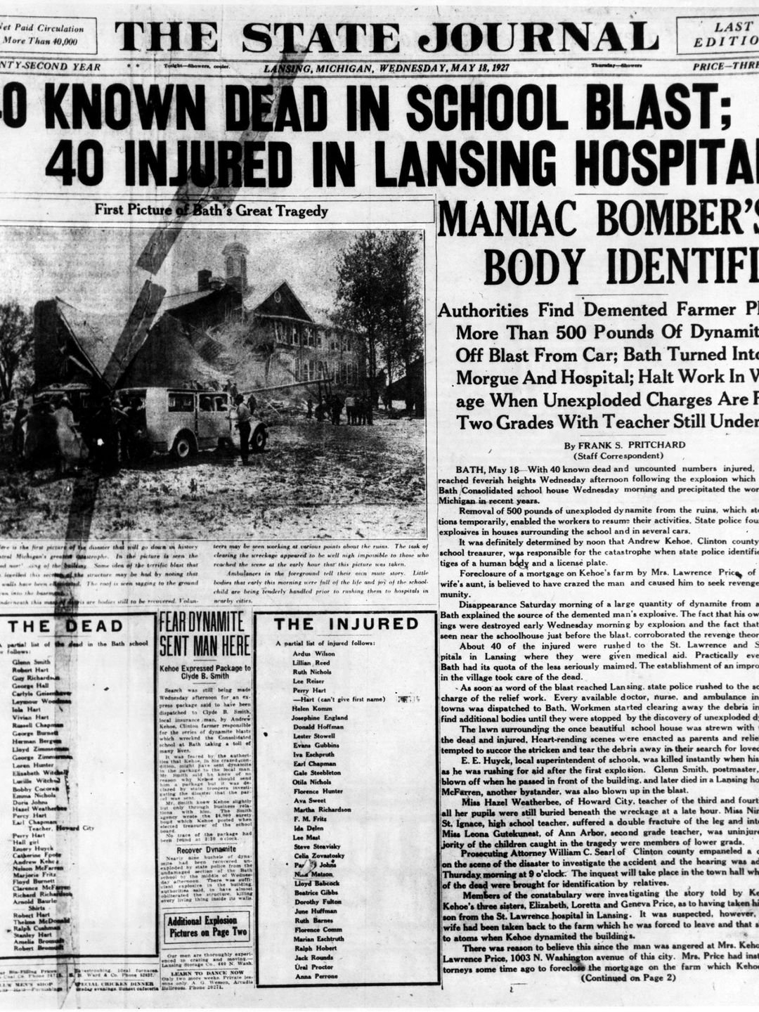 Front page of The State Journal newspaper from Wednesday, May 18, 1927 with a headline "40 Known Dead in School Blast: 40 Injured in Lansing Hospital"
