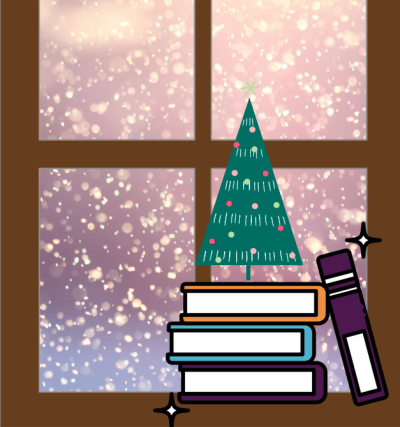 graphic of a christmas tree on a stack of books in front of a snowy window