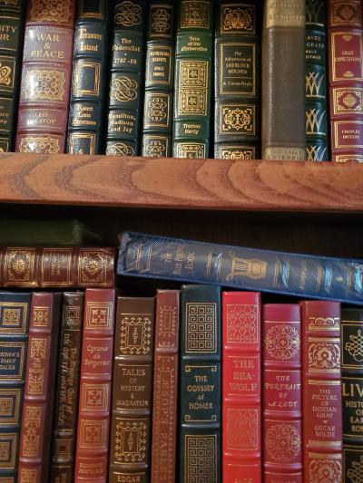 This is a picture of a book shelf with books of classics.