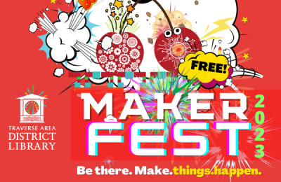 MakerFest 2023 Be there. Make things happen. wording with mechanical cherry graphic