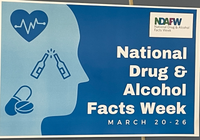 National Drug & Alcohol Facts Week March 20-26 graphic with a profile, heart icon, alcohol and drug icons