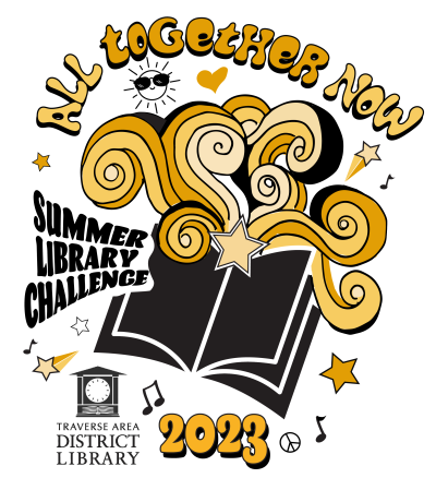 All together now Summer Library Challenge 2023 with library logo and bookshelves - relax & read!