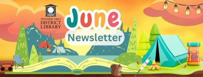 Library logo with June Newsletter, camping scene popping out an open book