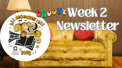 70s era gold couch with vintage lamp and words Groovy Week 2 newsletter