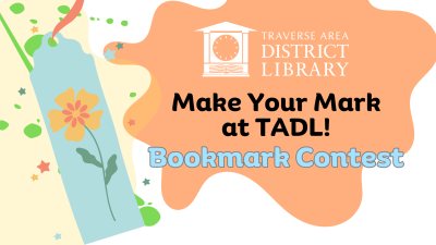 Paint splotches with library logo Make Your Mark at TADL bookmark contest