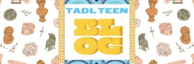 Header with stylized Roman statues and other symbols framing text that reads TADL Teen Blog.