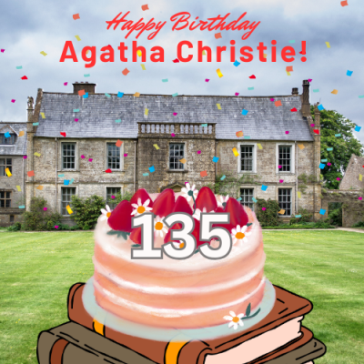 Birthday cake in front of an English manor house